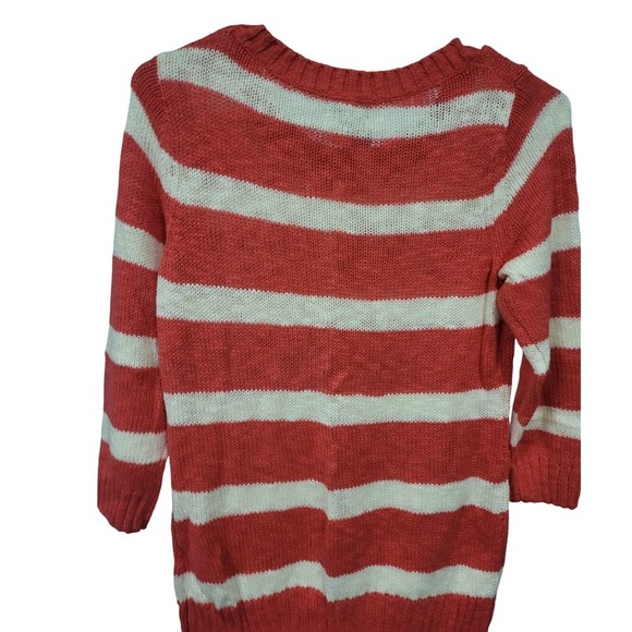 Old Navy Striped Knit Sweater Coral White 3/4 Sleeve Crew Neck Small - Picture 3 of 5
